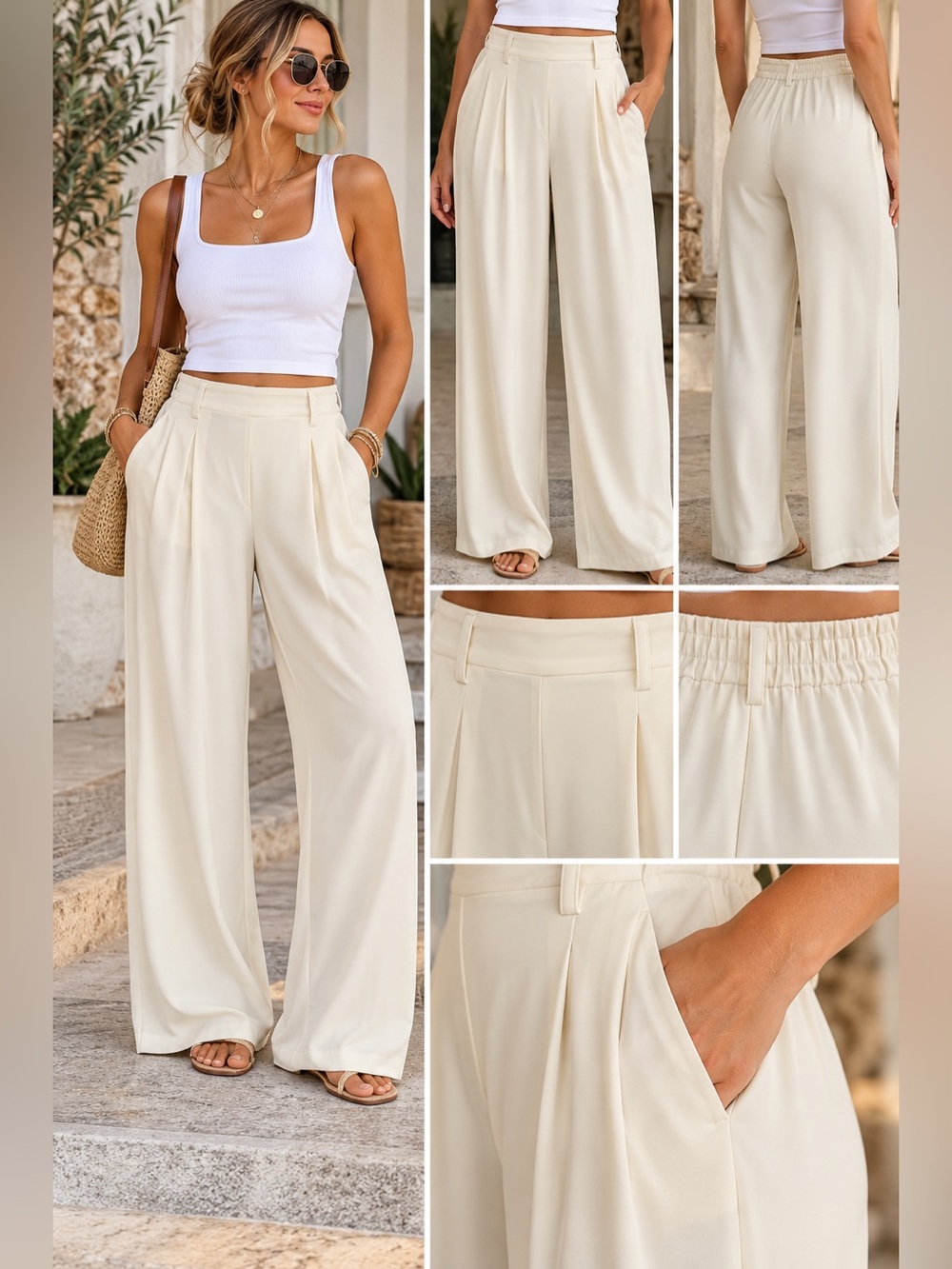 PrettyGarden Cream Wide Leg Pants Size Large High Waist Pleated Trousers